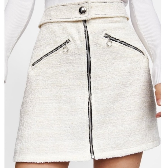 Zara Winter White Tweed Casual Zip Front O Ring Belted Fall Winter Mini Skirt M - Picture 6 of 6